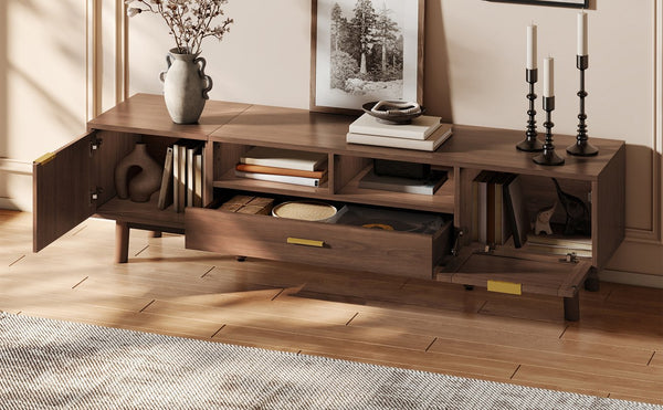 English Elm Wood TV Stand for 75" TVs with Rattan Drawers, Soft-Close Doors, Drop-Down Storage, Waterproof Finish N710P257619P