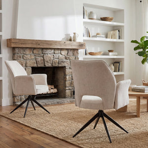 English Elm Fabric Swivel Dining Chairs Set of 2 with 360 Rotation Removable Arms Metal X-frame White W3851P452876