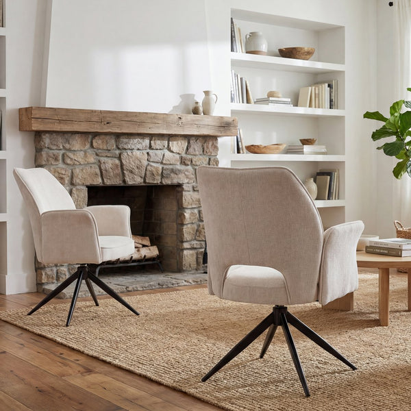 English Elm Fabric Swivel Dining Chairs Set of 2 with 360 Rotation Removable Arms Metal X-frame White W3851P452876