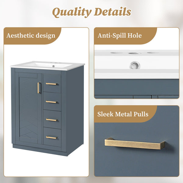 English Elm 24" Bathroom Vanity With Ceramic Sink - Stylish Blue Cabinet, Soft-Close Drawers & Modern Elegance N710P341038C