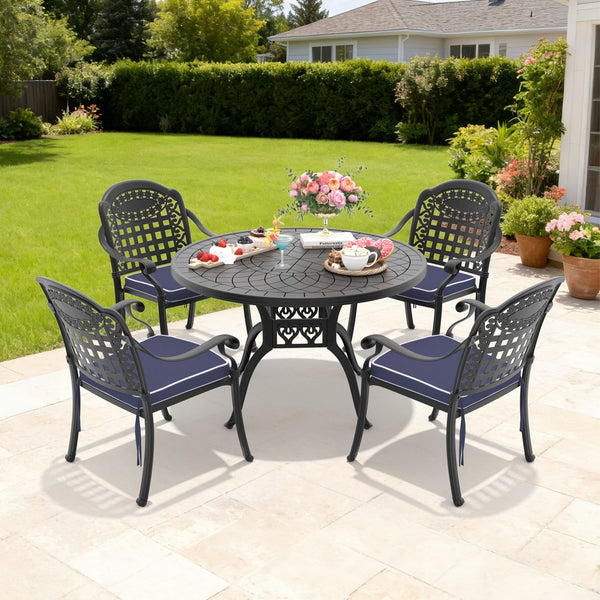 English Elm 5-piece Cast Aluminum Outdoor Dining Set with Carved Relief Frame and Cushioned Seats W1710S00557