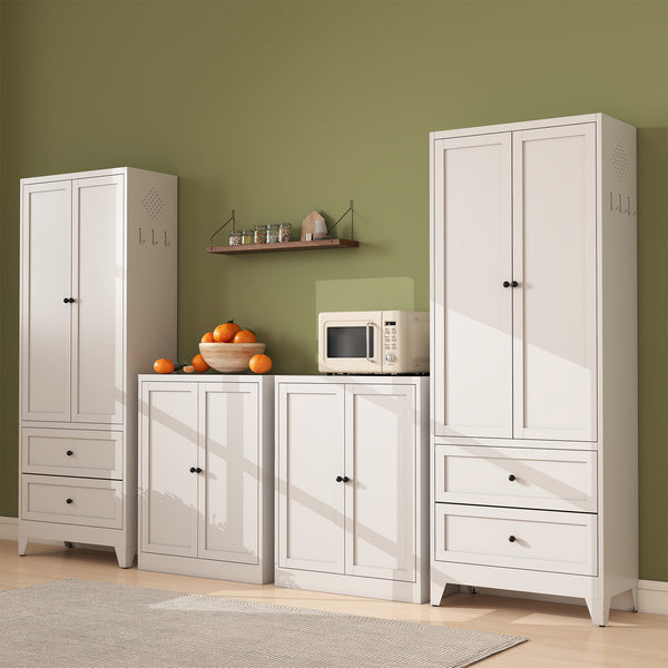 English Elm 34.6" White Metal Pantry Cabinet with Adjustable Shelves, Space-Saving Freestanding Kitchen Organizer for Apartments T2398P350191