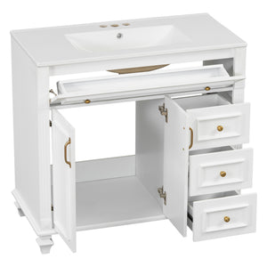 English Elm 36" Modern Bathroom Vanity with Ceramic Sink, Gold Handles, Flip-Out Drawer & Soft-Close Doors White N725P283623K