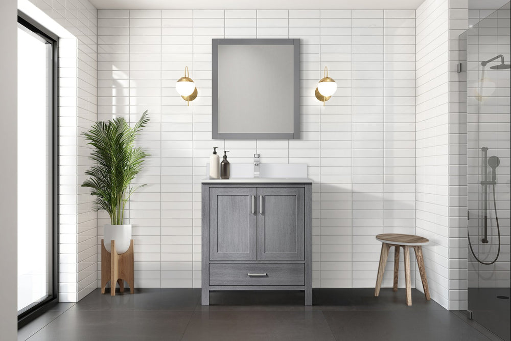 English Elm Distressed Grey 30" Bath Vanity with White Quartz Top, Soft-Close Drawer, Chrome Faucet Set, Durable B2731P259006