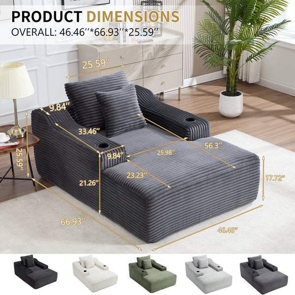 English Elm 67" Corduroy Oversized Chaise Sleeper Sofa Deep Seat Boneless Lounge with Cup Holder Pillows Dark Grey W1803P409258