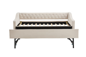English Elm Twin Velvet Daybed with Pull Out Trundle Tufted Back Usb Port and Side Pockets Beige W1361S00035