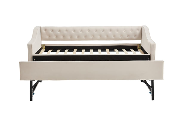 English Elm Twin Velvet Daybed with Pull Out Trundle Tufted Back Usb Port and Side Pockets Beige W1361S00035
