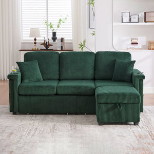 English Elm UNITED Corduroy L-Shaped Sectional Sofa with Storage Ottoman, USB Ports, Cup Holders & LED Lighting Emerald W1568P332404