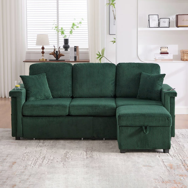 English Elm UNITED Corduroy L-Shaped Sectional Sofa with Storage Ottoman, USB Ports, Cup Holders & LED Lighting Emerald W1568P332404
