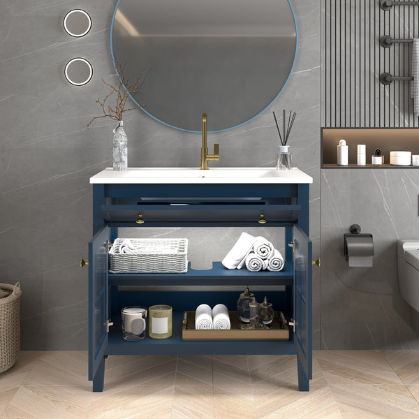 English Elm 35.6" Freestanding Bathroom Vanity with Roman Column Base and Ceramic Integrated Sink Blue W1801S00013
