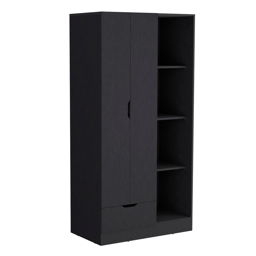 English Elm Memphis Wardrobe Armoire with Double Doors, Built-In Rod, Four Shelves & Spacious Lower Drawer Black 40 L x 23 W x 3 H B200S00286