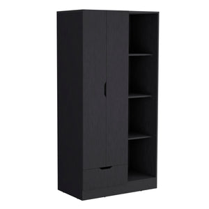 English Elm Memphis Wardrobe Armoire with Double Doors, Built-In Rod, Four Shelves & Spacious Lower Drawer Black 40 L x 23 W x 3 H B200S00286