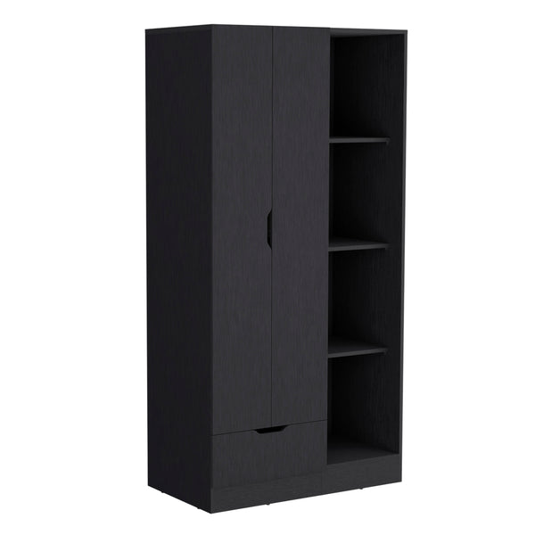 English Elm Memphis Wardrobe Armoire with Double Doors, Built-In Rod, Four Shelves & Spacious Lower Drawer Black 40 L x 23 W x 3 H B200S00286