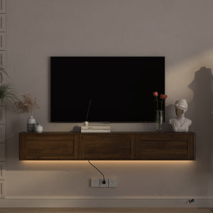 English Elm Floating Wall Mounted Tv Shelf with Led Backlight Gloss Cabinet and Built in Power Strip Wood W1321P391261