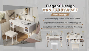 English Elm Elegant Vanity Makeup Table with Charging Station & Carved Glass Door, Sturdy Stool Included White N844P285188A