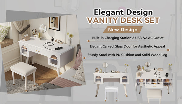 English Elm Elegant Vanity Makeup Table with Charging Station & Carved Glass Door, Sturdy Stool Included White N844P285188A