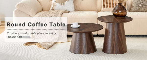 English Elm Nested Round Coffee Table Set with Wood Grain Mdf Top for Modern Living Rooms Walnut W2920S00116