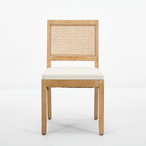 English Elm Farmhouse Rattan Dining Chairs Set of 2 — Mid-Century Cane Back, Solid Wood Frame, Linen Upholstery, Supportive Comfort Beige W1143P332689