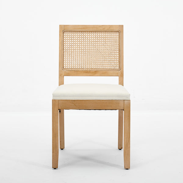 English Elm Farmhouse Rattan Dining Chairs Set of 2 — Mid-Century Cane Back, Solid Wood Frame, Linen Upholstery, Supportive Comfort Beige W1143P332689