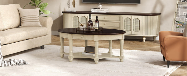 English Elm Vintage Oval Coffee Table With Drawer & Storage Shelf - French Country Charm For Living Rooms N735P277388K-GIGA