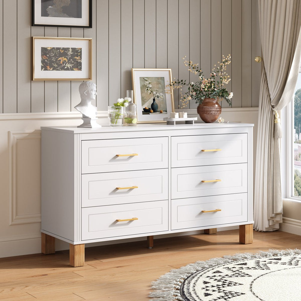 English Elm 6-drawer Solid Wood Dresser Mid-century Modern Gray Finish with Metal Bar Handles W1445P419757