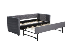 English Elm Grey velvet daybed with diamond-grid pull-out trundle, modern velvet finish, sturdy wooden frame for guest-ready style W1361S00032