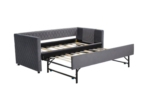 English Elm Grey velvet daybed with diamond-grid pull-out trundle, modern velvet finish, sturdy wooden frame for guest-ready style W1361S00032