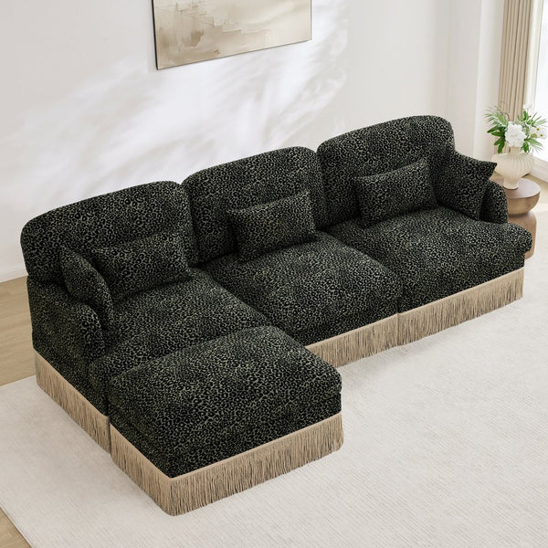 English Elm 100"comfy Chenille Leopard Print Sectional Sofa with Tassel Trim and Movable Ottoman Green W5656S00032