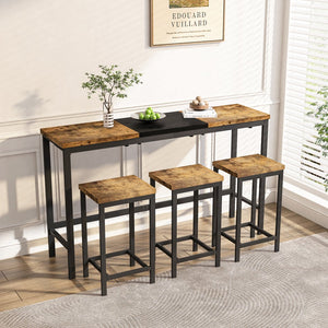 English Elm Modern Long Dining Table Set with Hanging Stools, Space-Saving MDF Top, Iron Frame Durability and Style Natural+Black W757P314433