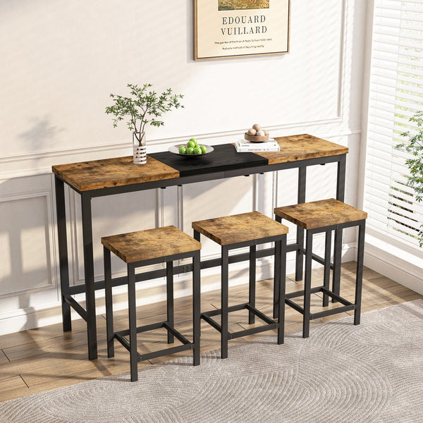 English Elm Modern Long Dining Table Set with Hanging Stools, Space-Saving MDF Top, Iron Frame Durability and Style Natural+Black W757P314433