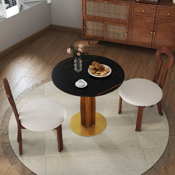 English Elm Modern Round Dining Table - 33.5" Sintered Stone Top With Wooden Legs & Gold Base For Small Spaces P4 W1535S00602-GIGA