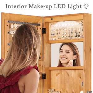 English Elm Solid Wood Wall Mounted Jewelry Armoire with Led Lighting Auto Activated Mirror Cabinet Light Brown W2640P356579