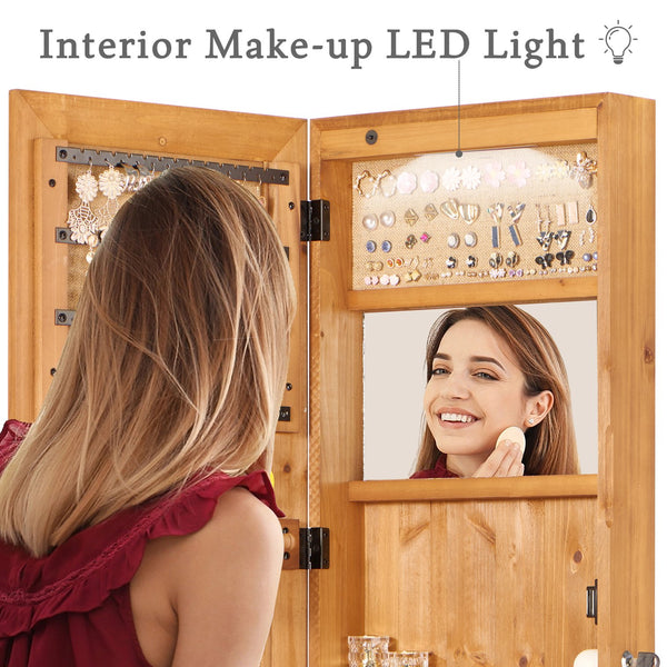 English Elm Solid Wood Wall Mounted Jewelry Armoire with Led Lighting Auto Activated Mirror Cabinet Light Brown W2640P356579
