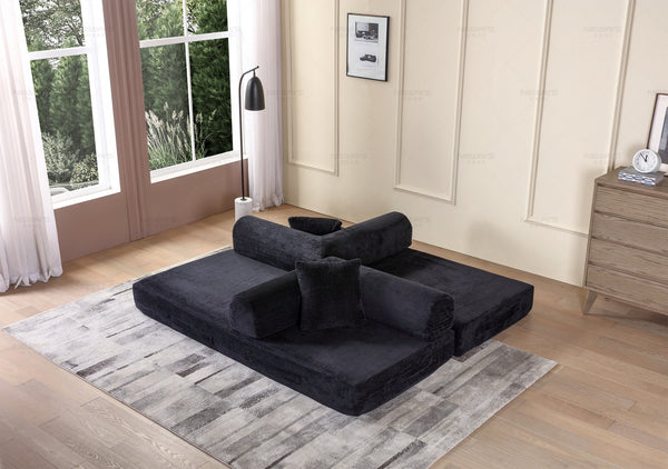 English Elm Convertible Sleeper Sofa Bed Corduroy Folding Mattress Couch with Cylindrical Pillow, Versatile Comfort and Support Black W3199P277913