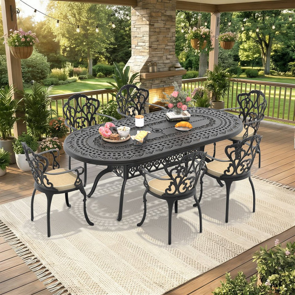 English Elm 7-piece Cast Aluminum Outdoor Dining Set with Ornate Petal Frame and Cushioned Seats W1710S00597