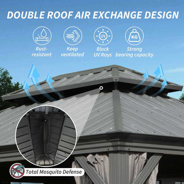 English Elm 10' X 12' Hardtop Gazebo - Upgraded Metal Canopy With Drainage, Dual-Layer Roof & Insect Netting! W1859S00135