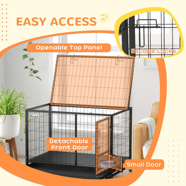 English Elm PawHut Heavy Duty 43" Steel Dog Crate with Wheels, Removable Tray, Top Access & Foldable Bowl Holder Black W2225P217150