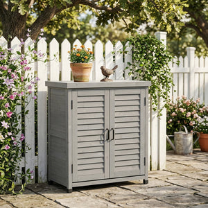 English Elm Potting Bench Solid Wood Workstation with Metal Top Louvered Cabinet Outdoor Garden Grey W2640P228394
