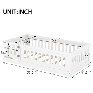 English Elm Twin Size Floor Bed With Safe Guardrails & Playful Door - Solid Wood Bedframe For Kids’ Rooms W1820P240538-GIGA