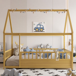 English Elm Full Full-Size Montessori Floor Bed with High Safety Fence, Clockwise Door, Pine Frame & Support Slats Natural W1858P310085