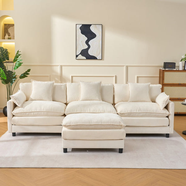 English Elm 108" L-shaped Chenille Cloud Sectional Deep Seat Sofa with Ottoman for Living Rooms Beige W3244S00003