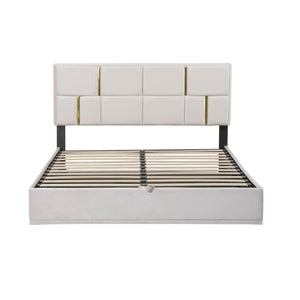 English Elm 2-Pieces Queen Upholstered Platform Bed with Hydraulic Lift and Spacious Storage Ottoman, Elegant Gold Trim Beige 50 L x 16 W x 13 H N733S207778A
