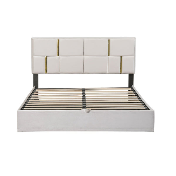 English Elm 2-Pieces Queen Upholstered Platform Bed with Hydraulic Lift and Spacious Storage Ottoman, Elegant Gold Trim Beige 50 L x 16 W x 13 H N733S207778A