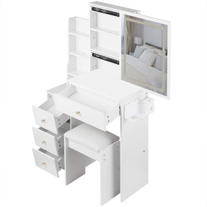 English Elm 29.2" Stylish Left Bedside Vanity Table Set With Led Mirror, Power Station & Cushioned Stool For Small Spaces W936P202468