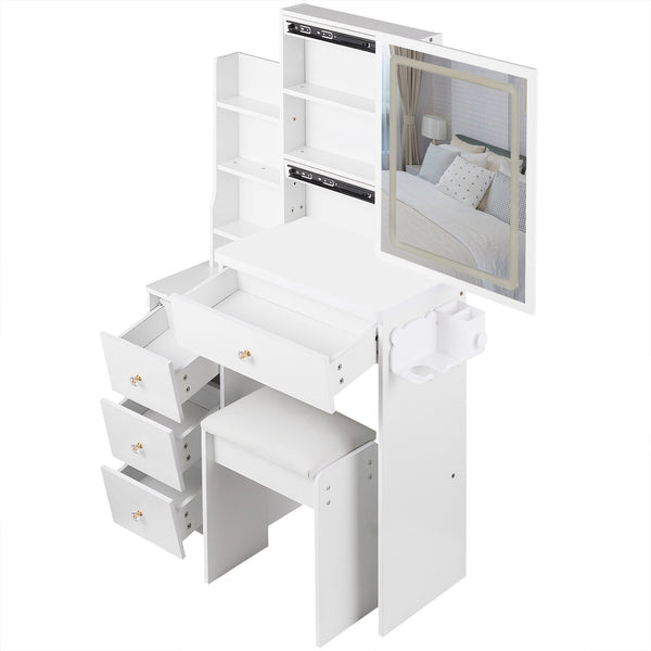 English Elm 29.2" Stylish Left Bedside Vanity Table Set With Led Mirror, Power Station & Cushioned Stool For Small Spaces W936P202468