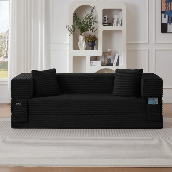 English Elm Modern Cord Fabric Convertible Sofa Sleeper Low Profile Square Frame for Apartments Black W3396P439851