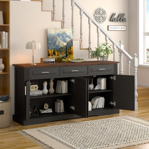 English Elm 63" Fluted Mdf Sideboard with Wood Tone Top Four Doors Three Drawers Dining Storage Black W2917S00010