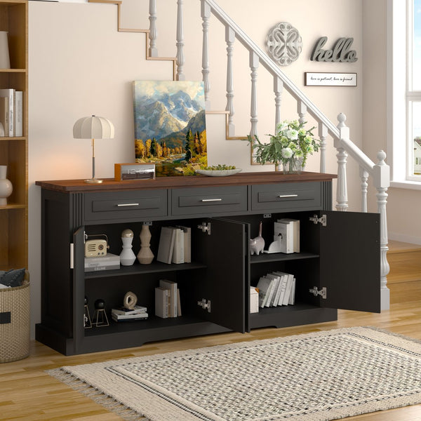 English Elm 63" Fluted Mdf Sideboard with Wood Tone Top Four Doors Three Drawers Dining Storage Black W2917S00010