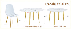 English Elm Table and Chair Set Extendable Round Mdf Dining with Gold Legs Linen Seats W1151S03957