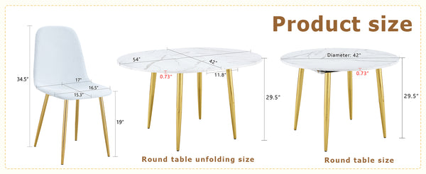 English Elm Table and Chair Set Extendable Round Mdf Dining with Gold Legs Linen Seats W1151S03957